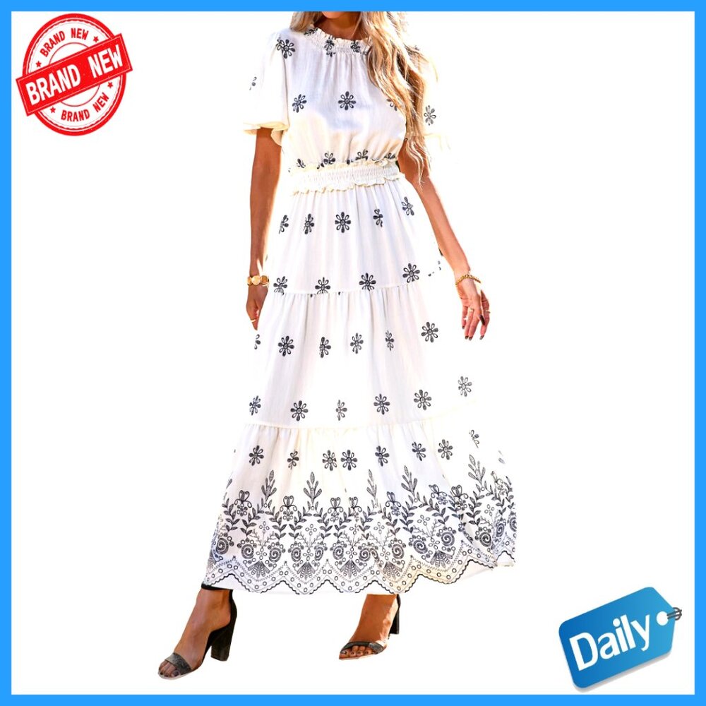 Floral Maxi Dress Smocked Waist Short Sleeve Boho Wedding Guest Vacation